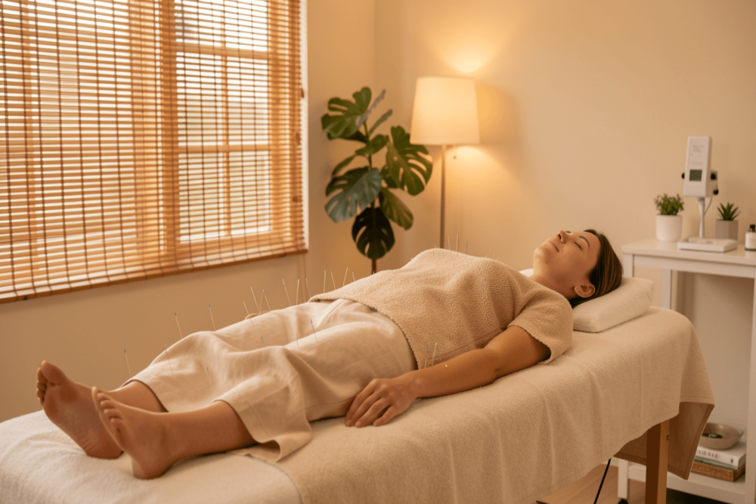 Peaceful acupuncture treatment room with soft lighting and a patient receiving care