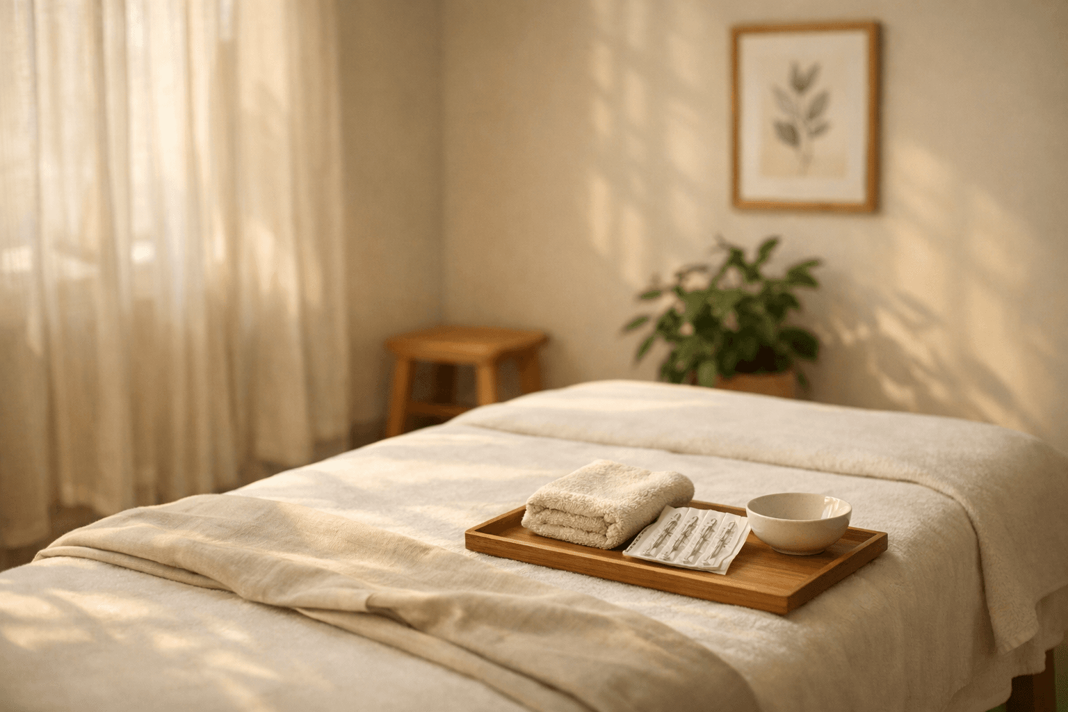 Sunlit acupuncture treatment room with a prepared massage table, folded towels, and packaged needles on a wooden tray