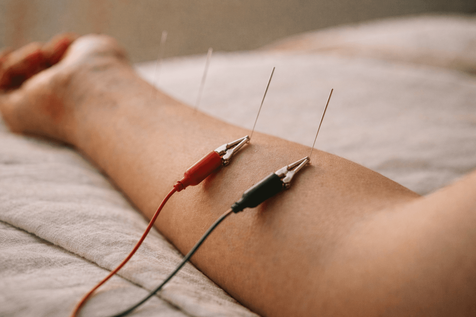 Close-up of electro-acupuncture needles clipped to red and green leads on a patient's forearm