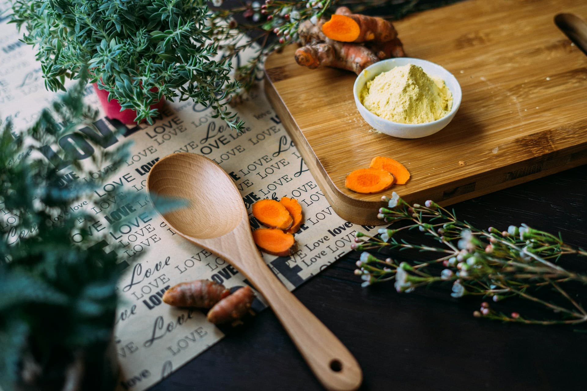 Chinese medicinal herbs on a wooden shelf