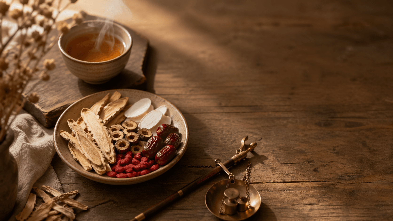 Warm still-life of Chinese medicinal herbs in a ceramic bowl with a brass hand scale and steaming herbal tea on a weathered wooden table.