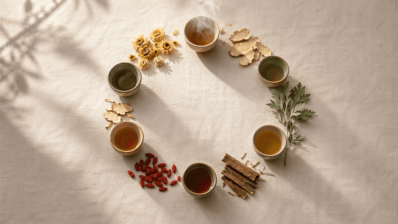 Serene herbal tea arrangement on linen