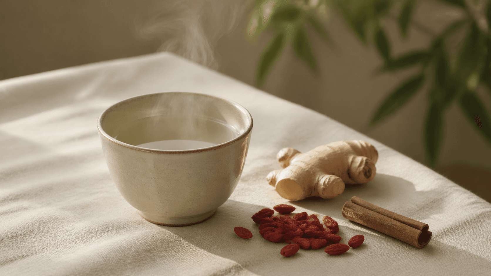 Cozy tea ingredients on linen cloth