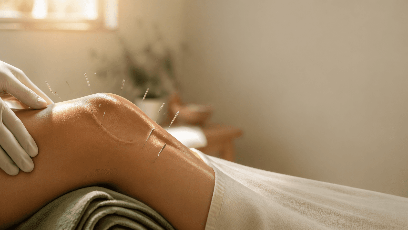 Close-up of acupuncture needles placed around a patient’s knee with a healed surgical scar