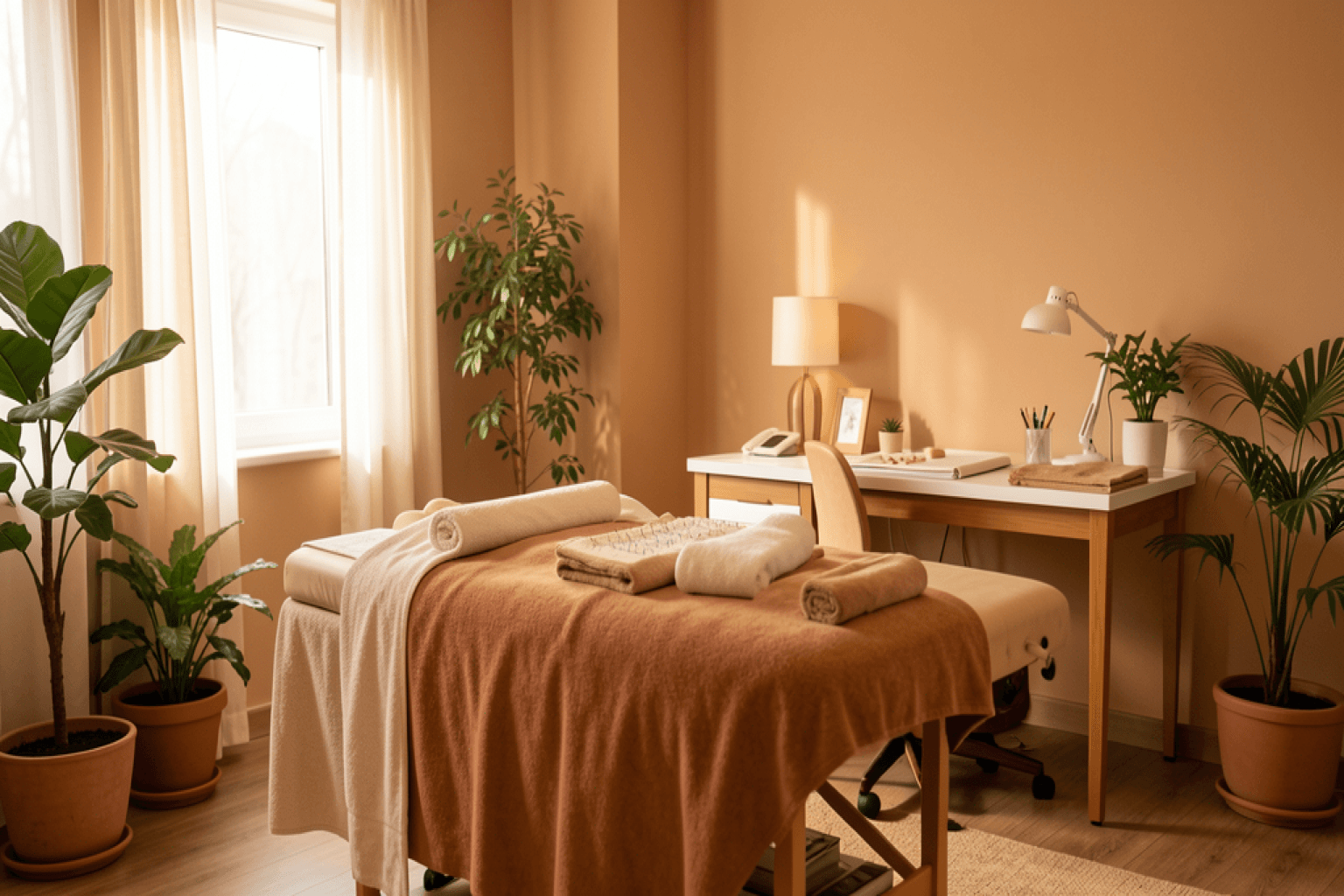Dr. Perry Levenson's acupuncture treatment room in Harrison, NY with warm lighting and treatment table