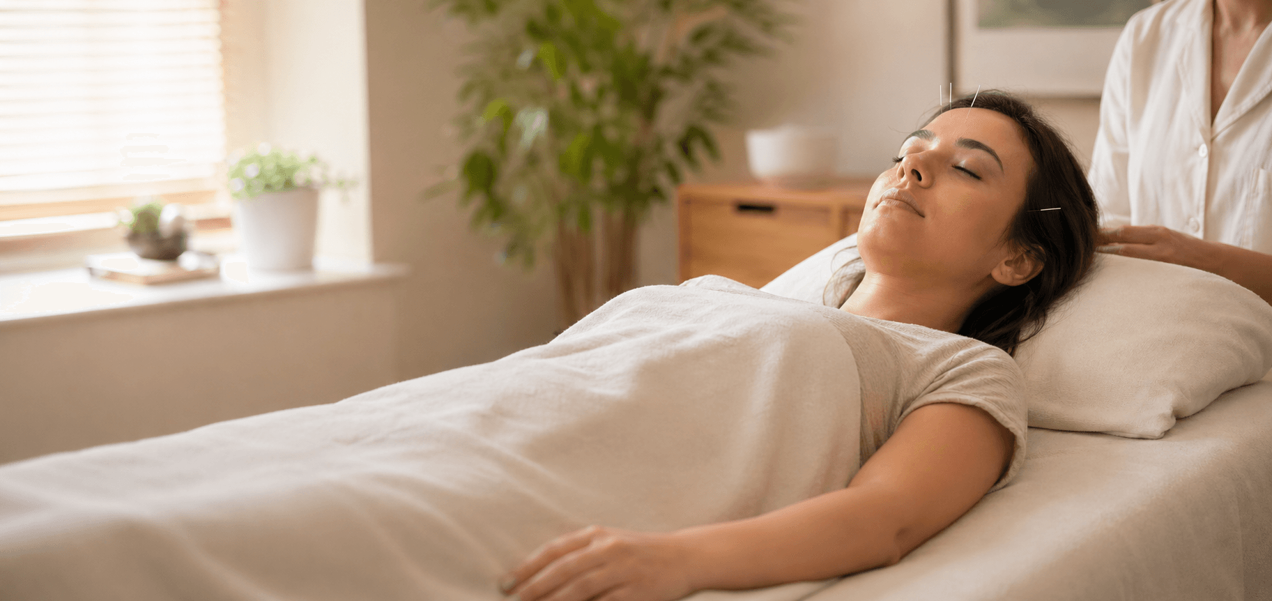 Patient resting during acupuncture treatment for anxiety and depression