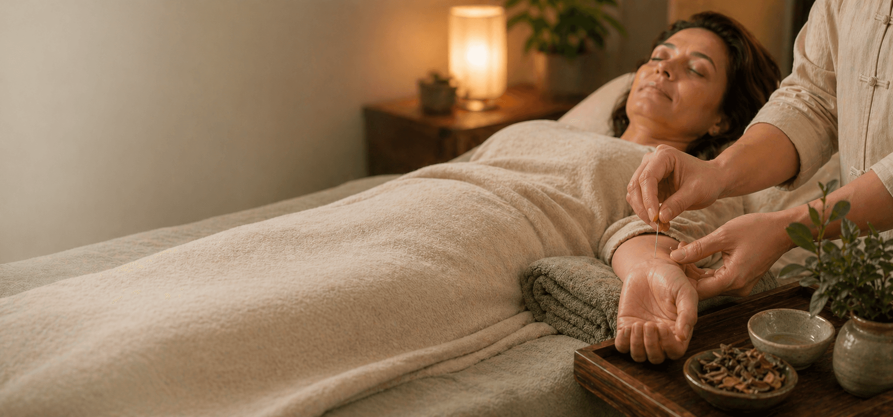 Acupuncture treatment for sleep disorders in a calm treatment room